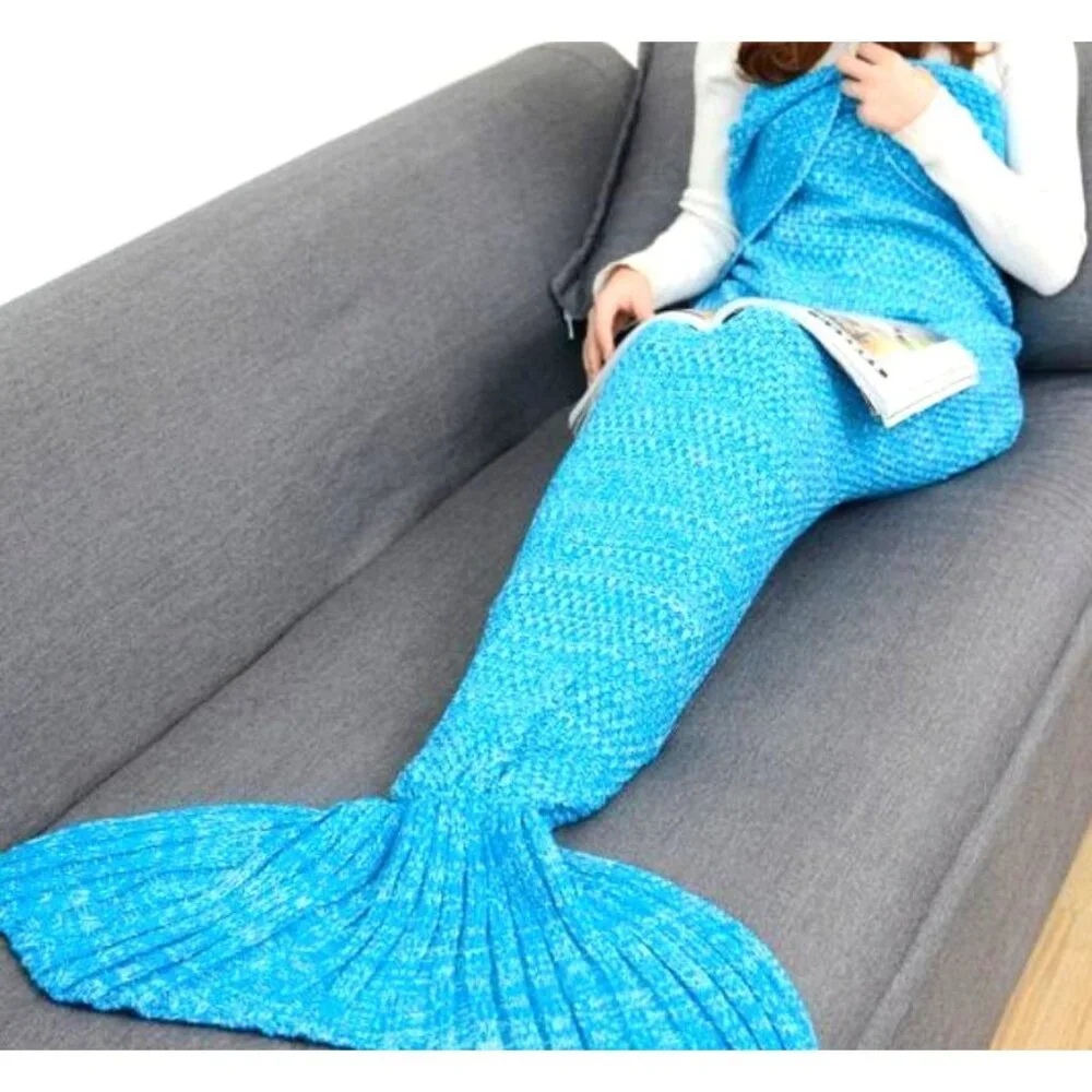 Adult Mermaid Tail Blanket Blue Knit Crochet Style Sleep Sack Loungewear 70in